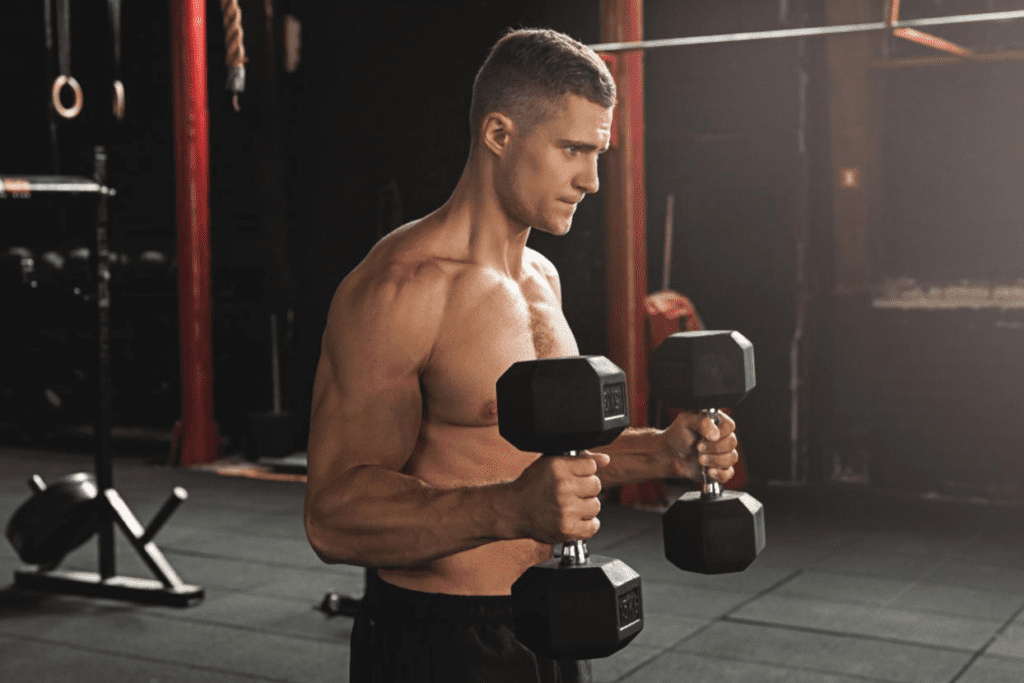 Man holding dumbbells in hammer grip position for grip strength