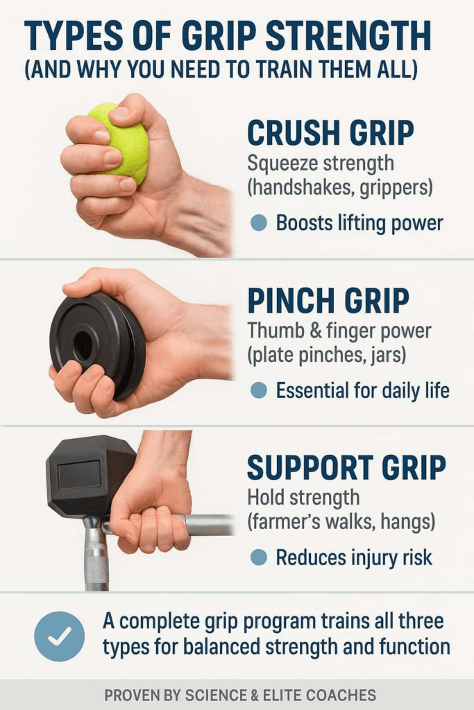 Infographic showing types of grip strength crush support and pinch